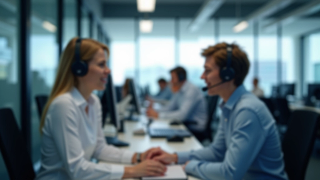 Centro de atención con tecnología de reconocimiento de voz en Bilbao, personas trabajando con auriculares, ambiente profesional moderno