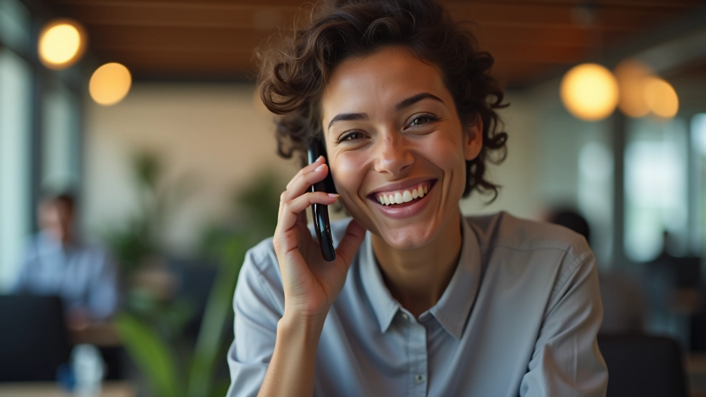 Cliente satisfecho en llamada, experiencia positiva con IVR inteligente, ambiente profesional